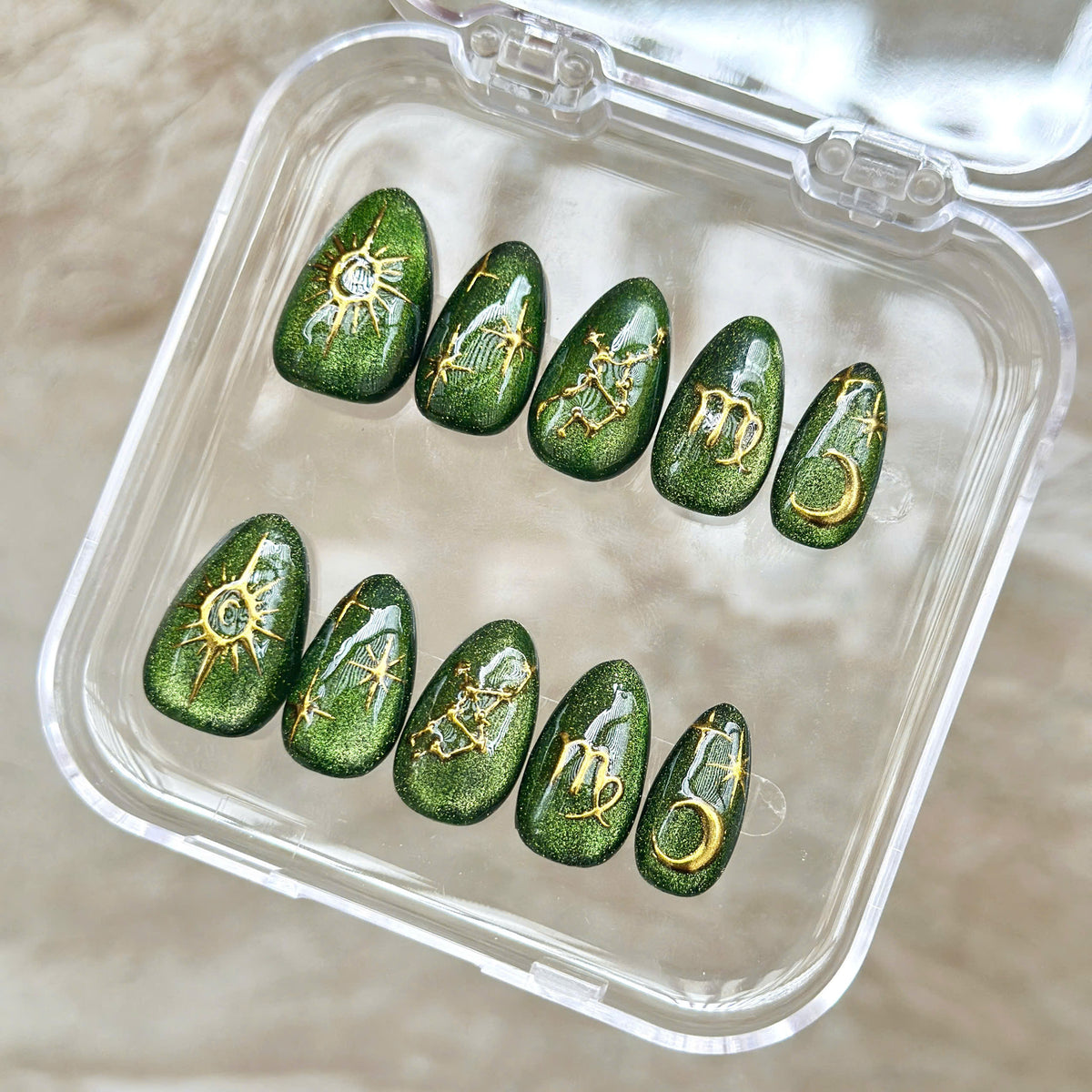 Virgo Zodiac Nails, Green Cat Eye Astrology Press On Nails, Emerald Gold Nails, Gold Constellation Celestial Set, Personalized Birthday Gift - PN251333
