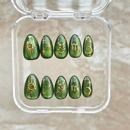 Virgo Zodiac Nails, Green Cat Eye Astrology Press On Nails, Emerald Gold Nails, Gold Constellation Celestial Set, Personalized Birthday Gift - PN251333